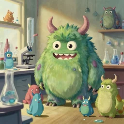 scientific lab to create cute monsters and creatures, natural lighting, playful color scheme, intricate details, matte painting, illustration, by hayao miyazaki