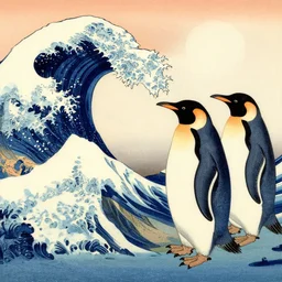 Penguins in the style of Hokusai, Japanese woodcut, HD artwork, Wikimedia, google arts and cultures,