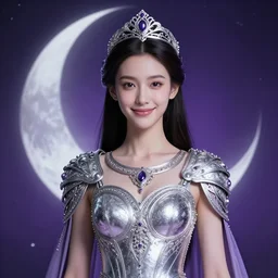 portrait of young slim smiling prophetess of the moon, silver filigree armor and tiara, purple hair, translucent skin, beautiful! coherent! by brom, by junji ito, strong line, high contrast, muted color
