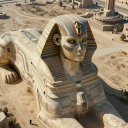 an aerial scene of the beautiful intricate epic futuristic cybernetic sphinx, hyper detailed, cinematic lighting