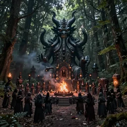 detailed ultrarealistic photography of dark ritual in the forest, cthulhu statue, dark altar, crowd of cultists, ritual bonfire, festival, cinematic, full shot, symmetric