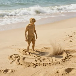a full shot of a little man made of sand, standing on a beach, slowly eroding due to wind, intricate, highly detailed, digital painting, artstation, smooth, sharp focus, illustration, unreal engine 5, 8 k, art by artgerm and greg rutkowski and alphonse mucha