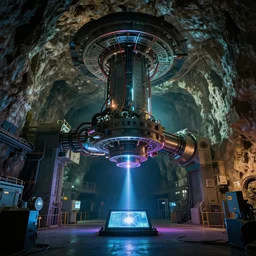 « epic establishing shot of huge machine looking like particle accelerator, inside a huge cave underground which is a part of secret scientific research center, the machine is fixed on the cave's ceiling and is ended by a laser that is scanning something on a display fixed on the floor, many cables and pipes are going from the machine's ceiling attach to the deepest part of the cave, ultra realistic, ultra detailed, photorealistic, lighted with neon and godrays, ridley scott still frame »