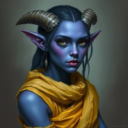 a shy purple skin tiefling woman, blue skin, yellow clothes, beautiful portrait by alex horley and christophe young