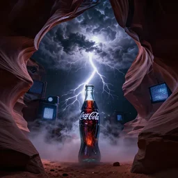 thunder clouds inside a low - poly coca cola ice cavern, antelope canyon, dark fluid simulation, dark scene illuminated by led screens, dark matter, 2 0 0 0 s spy kids aesthetic, high contrast, johfra bosschart, octane render, ray - tracing, specular highlights, volumetric fog, trending on artstation, 6 k, wallpaper