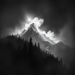 digital and traditional art painting portrait of ethereal plane with forest and mountainside, black and white, small muted hint of colour, high detail, textured, by caestrad, dark background, unsettling, mystic, perfect lighting, high contrast, arstation, chris cold, artgerm, golden ratio, hard blacks, lightrays
