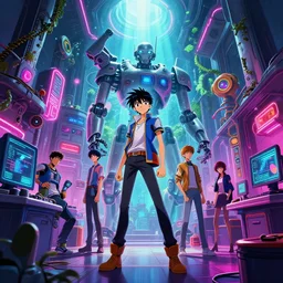 ready player one, scifi robot repair workshop, neon lights, james gurney, katsuhiro otomo, james paick, cinematic lighting, artstation, vibrant nature, anime style, Craig Mullins, Greg Rutkowski, Pete Morbacher, Tuomas Korpi, tekkon kinreet, volumetric light, artstation, , octane render, redshift render, low angle camera by Edgar Maxence and Ross Tran and Michael Whelan, Legends of Runeterra