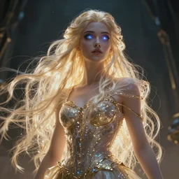 beautiful cinematic fantasy poster, a long shot of a beautiful princess like a disney princess hybrid with flowing illuminated hair, beautiful glowing galaxy eyes, full subject in frame, wideshot ultrawide angle epic scale, hybrid from The Elden Ring and art direction by Darius Zawadzki ;by artgerm; wayne reynolds art station; cinematic quality character render; low angle; ultra high quality model; production quality cinema model;
