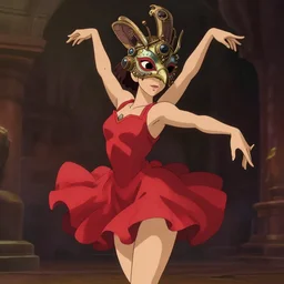 a cgi fantasy render of a beautiful ancient dancer wearing a beautiful intricately detailed steam punk crow mask and clasical red short dress, by studio ghibli, artstation, disney, beautiful dynamic epic lighting, shadows, cinematic atmosphere, artstation, cartoon art, octane render, 8 k