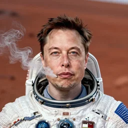 Happy Smoking Elon Musk on Mars, photo, portrait, centered, in spacesuit, smoking, detailed, close up 2040
