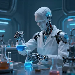 A cybernetic alchemist mixing their chemicals, 4k sci-fi concept art