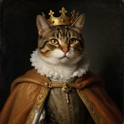 a renaissance style portrait painting of a Cat wearing a crown and cape, dark background