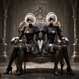 2 b from nier automata sitting in a chair 3 d render, insanely super detailed, realistic octane render, 1 6 k, detailed in front of an intricate background. art by james merry, micro detail, backlit lighting, trending on cgsociety