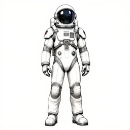 male, full body, space suit with a modern helmet, character sheet, science fiction, very stylized, character design, pen and ink, digital painting, watercolor wash, by mike mignola, by alex maleev, jean giraud