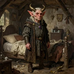 classic oil painting, a goblin that is wearing medieval robes, as a dnd character, inside a cluttered bedroom, cottagecore, highly detailed, digital illustration, concept art, smooth, sharp focus, art by tim hildebrandt, and greg hildebrandt