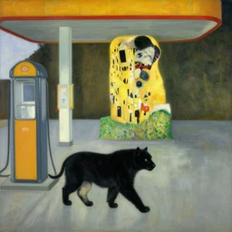a black beast walking in an abandoned gas station, by Henri Rousseau, by Klimt, by Hopper