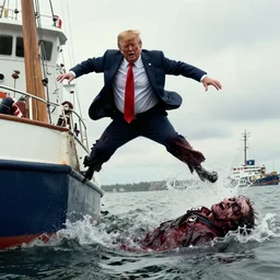 a huge zombie donald trump jumps off the side of a boat. the boat sinks.