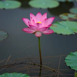 A bright pink lotus flower rising from a dark, bracken pond