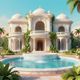 a old Marble palace with plants and waterfalls,retrowave art,digital art