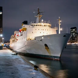 icebreaker ship docked in new york harbor at night, bokeh, long exposure