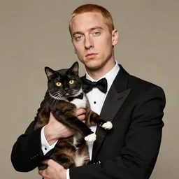 Recovery-era Eminem holding a tuxedo cat, 80's style, photorealistic