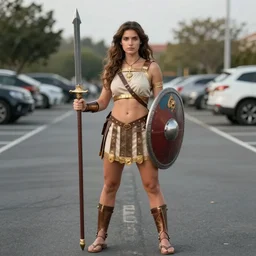 a beautiful warrior maiden wearing greek tunic, holding a shield and gladius, standing in a parking lot