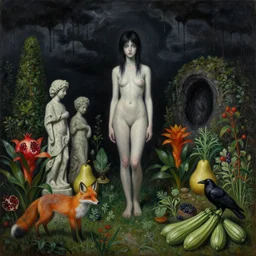 realistic painting of a emo female artist's garden, black dripping sky, tall emo girl, stone sculptures, a fox, a pear, dark clouds, topiary, dark caves, pomegranate, bromeliads, herbs, raven, courgettes, berries, zen, sensual, surrealist painting by magritte and monet and rousseau