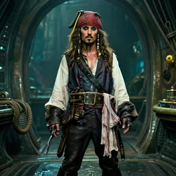 a cool pirate standing in an alien craft, film still from the movie directed by Denis Villeneuve with art direction, 4K