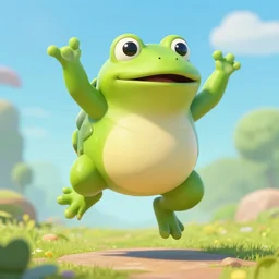 a fat frog jumping and smiling