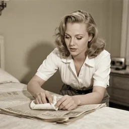 kirsten dunst cleaning a bedroom, newspaper photograph, 1942