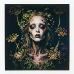 a beautiful detailed front view portrait of a rotten woman corpse with fractal plants and fractal flowers growing around, volumetric light, beautiful lit, polaroid photography