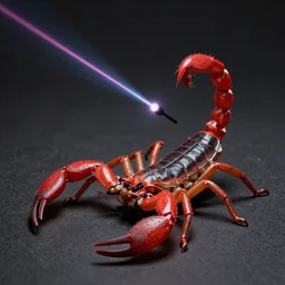 closeup studio photograph of a red scorpion with a laser gatling gun, dramatic lighting, edited in photoshop