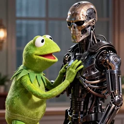 The Terminator fighting against Kermit the frog, style film