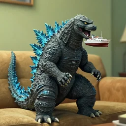 Godzilla sitting on a couch putting a ship in its mouth