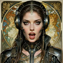 striking sensual industrial art nouveau style portrait of cristina franco as a cyberpunk heavy metal rebel soldier by travis charest, simon bisley and alphonse mucha, photorealism, extremely hyperdetailed, perfect symmetrical facial features, perfect anatomy, ornate declotage, weapon, latex, excited expression, wild eyes