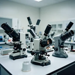 a lot of big optical instruments fixed on a large table, extremely detailed, few colors, scientific laboratory experiments, photoreal, high tech new equipment, clean environment, analog nikon photo, dust particles in the air, hazy atmosphere