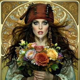 closeup portrait of a beautiful mysterious woman pirate, holding a bouquet of flowers, hands disappeared under the bouquet, flowing hair, underwater, bubbles from the mouth, fantasy, regal, intricate, art nouveau, swirly intricate linework background by stanley artgerm lau, greg rutkowski, thomas kinkade, alphonse mucha, loish, norman rockwell