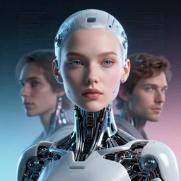 retrofuturistic portrait of a robotic woman, nano tech, gradient space graphics in background, close up, quint buchholz, wlop, dan mumford, artgerm, liam brazier, peter mohrbacher, raw, featured on artstation, octane render, cinematic, elegant, intricate, 8 k