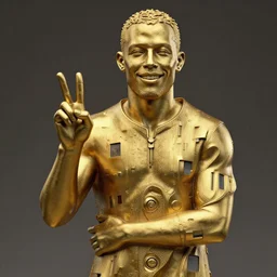 stoic statue of ronaldinho smiling and making peace sign made out for gold, vaporwave, aesthetic, naturel, hyper detailed, digital sculpture, trending in artstation, cinematic lighting, studio quality, smooth render, unreal engine 5 rendered, octane rendered, art style by klimt and nixeu and ian sprigger and wlop and krenz cushart