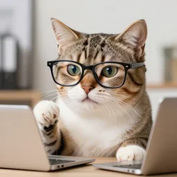 a cat wearing glasses talking about buissness