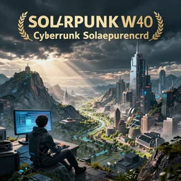 a cinematic composition depicting : a computer run cyberpunk and solarpunk world, viewed from the cyberpunk mountain overlooking solarpunk valley