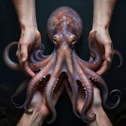 hyperrealistic mixed media image of a cephalopod with proportional human hands, stunning 3 d render inspired art by xiang duan and thomas eakes, perfect symmetry, realistic, highly detailed attributes and atmosphere, dim volumetric cinematic lighting, 8 k octane extremely hyper - detailed render, post - processing, masterpiece,