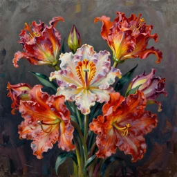 hyper detailed illustration like a Oil painting - a vivid exotic flower bouquet, long petals, huge blossoms, by Jacek Yerka, Mariusz Lewandowski, Houdini algorithmic generative render, long brush strokes, Masterpiece, Edward Hopper and James Gilleard, Zdzislaw Beksinski, Mark Ryden, Wolfgang Lettl, hints of Yayoi Kasuma, octane render, 8k