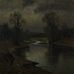 turner, j. m. w grunge gothic oil landscape painting of a river, dark art