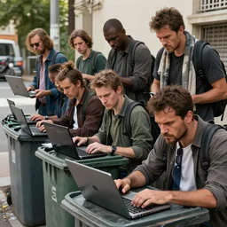 a group of realistic bums using laptops near trashcans, angry, highly detailed, intricate, sharp focus, digital art, 8 k