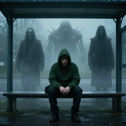 guy wearing dark green hoodie sitting at bus stop, dark tv show style, foggy, movie still, spooky, epic scene, surrealism, art by peter mohrbacher, tsutomu nihei, h. r. giger and zdzisław beksinski, 4 k, realistic