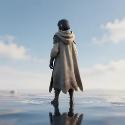 a render of a small character from skyrim in an anime style with a long fabric cloak looking at the sky and facing away from the camera. there is shiny a liquid reflecting everything from below. 8 k, unreal engine, blender, vaporwareaesthetics, trending on artstation
