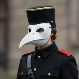 ww 1 german female masked operative with the standard black uniform, a black and gold pickelhaube, and a white porcelain crow beaked mask, artstation, trending on artstation, establishing shot, by simon stalenhag