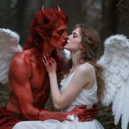 a red bloody devil kissing a beautiful angel