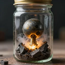 a tiny realistic nuclear war inside a glass jar only. sharp focus, photography, unreal engine, trending on artstation, photorealistic, octane, trending on deviantart, unreal engine